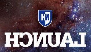 UNH shield and the word "Launch" against backdrop of outer space